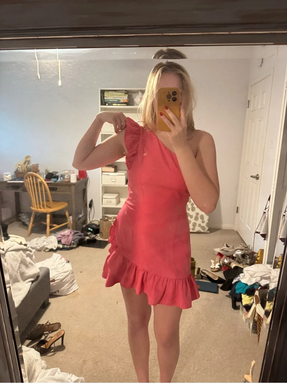 One-Shoulder Coral Ruffle Mini Dress - Picture 1 of 3